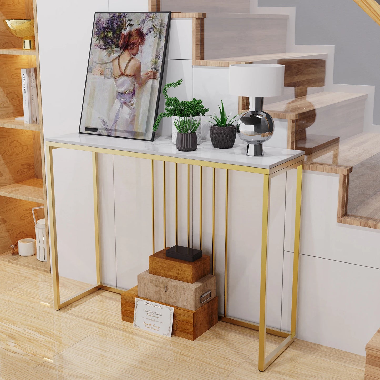 Modern Marble Console Table with Gold Metal Frame