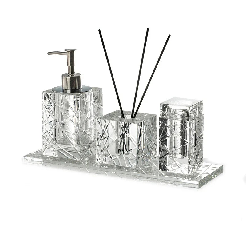 High End Crystal Glass Matching Bathroom Sets with Cutting Texture Bathroom Decor