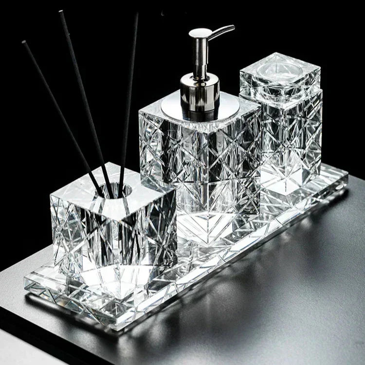 High End Crystal Glass Matching Bathroom Sets with Cutting Texture Bathroom Decor