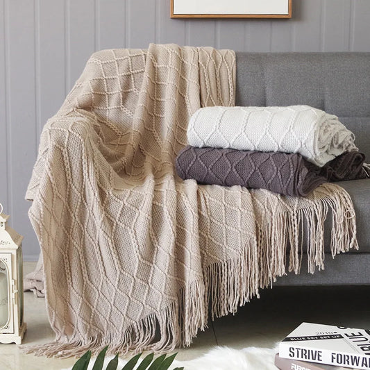 Nordic Knitted Throw Blanket with Tassels