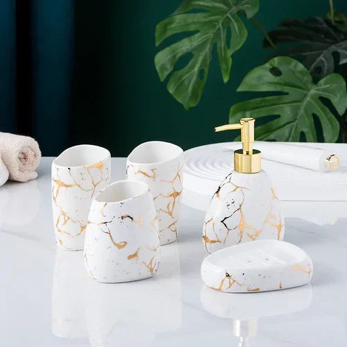 Matching Bathroom Sets: Marble Gold Pattern Ceramic Accessories