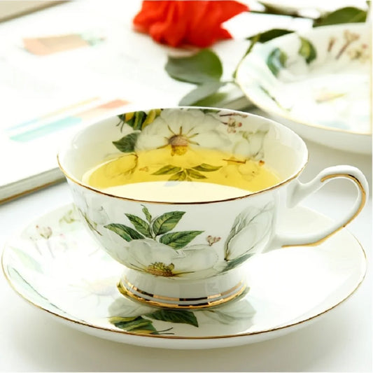 Vintage Bone Porcelain Tea Cup Set - Elegant Flower Pattern & Golden Trim